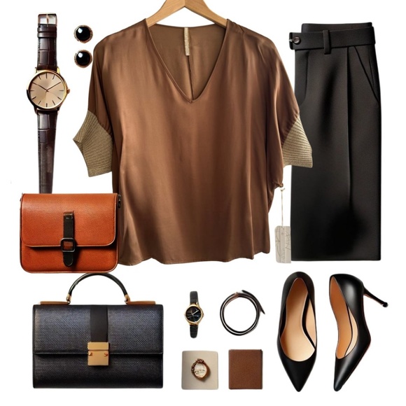 Drop Shoulder silky Copper Brown V-Neck Top/Blouse, NWT - Picture 7 of 13